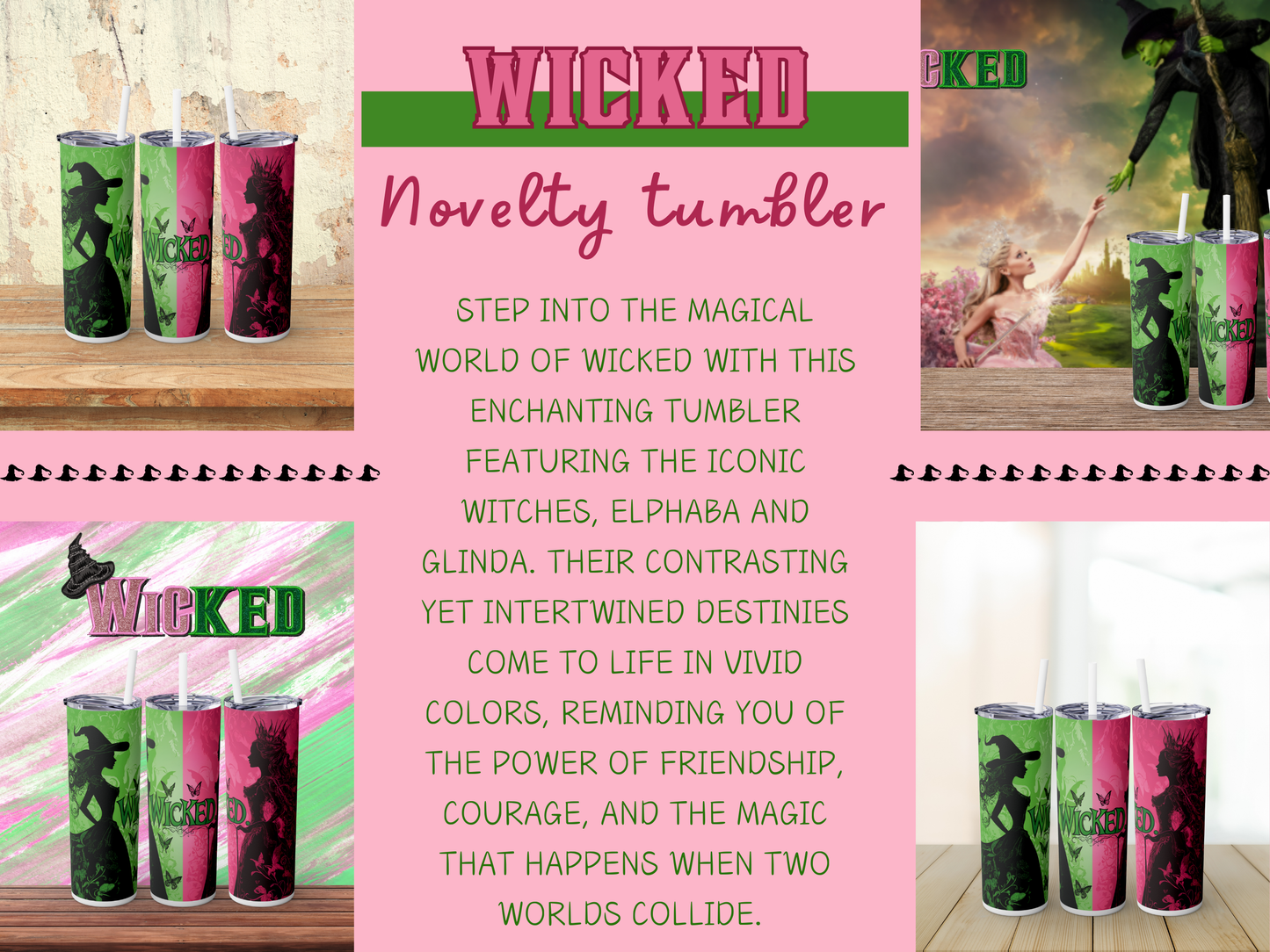 Wicked Tumbler Green and Pink Oz-Inspired Perfect for Broadway Fans Stainless Steel Cup, Perfect Gift for Fans of Wicked